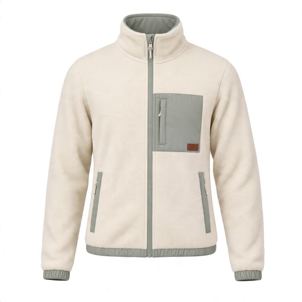 Full-zip fleece jacket in cream with sage accents