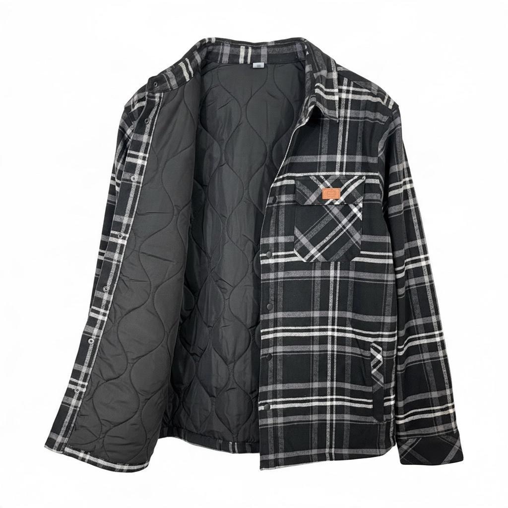 Flannel shacket open, showing quilted lining