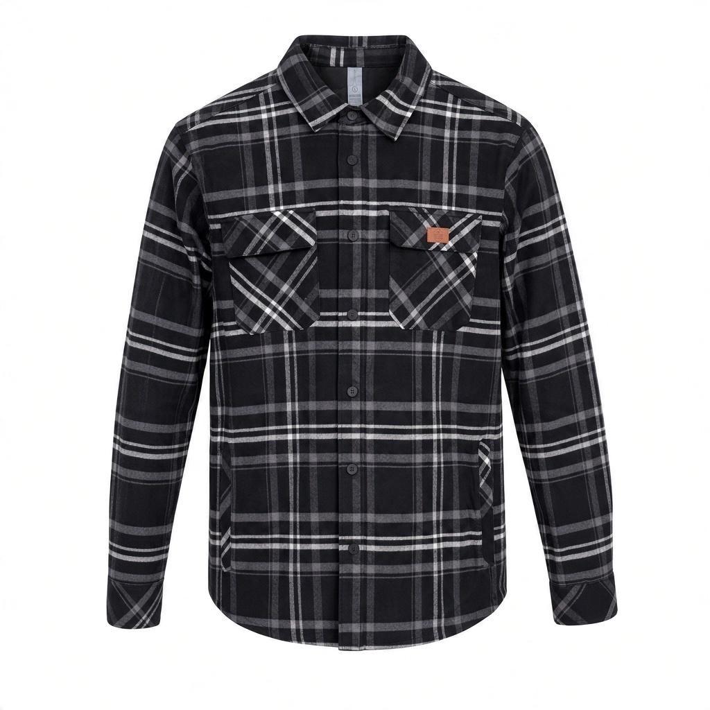 Flannel shacket in black plaid, buttoned front